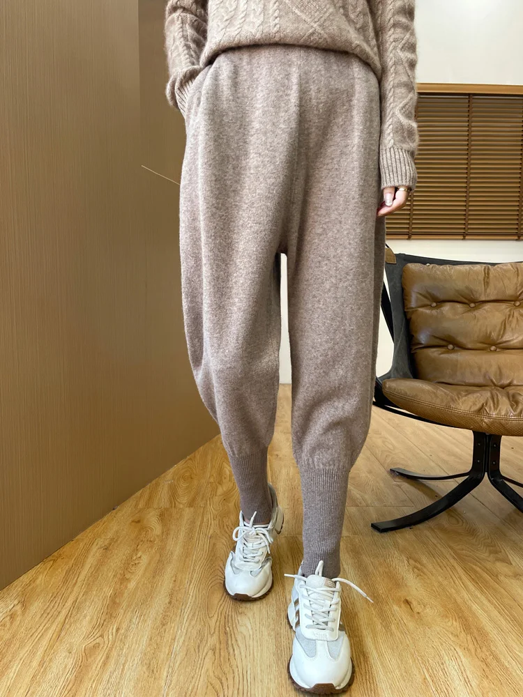 Women Fashion100% Pure Wool Pants Ladies Warm Knitted Soft Skinny Leisure Pants Versatile Horse Boot Trousers