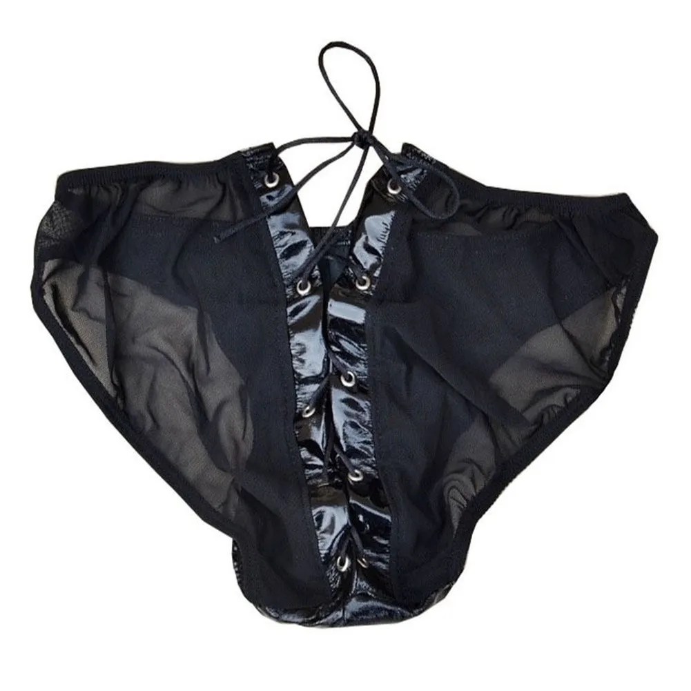 Men Black Gloss Faux Leather Mesh Spliced Thong Back Drawstring Adjustable See Through Mesh Low Rise Shiny Patent Leather T Back