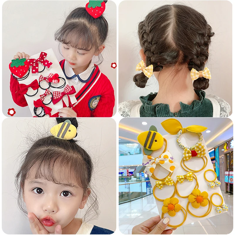 10 Pcs/Set Children Cute Colors Flower Bow Elastic Hair Bands Girls Lovely Sweet Scrunchies Rubber Bands Kids Hair Accessories