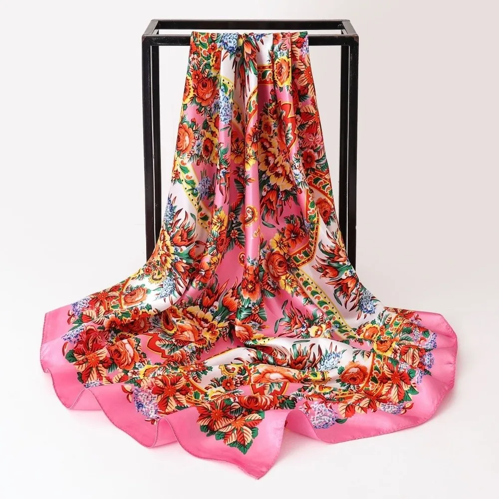 90x90cm Silk Imitation Scarves Floral Print Thin Breathable Square Print Scarves Multi-Function Smooth Silky Feel Neck Scarf