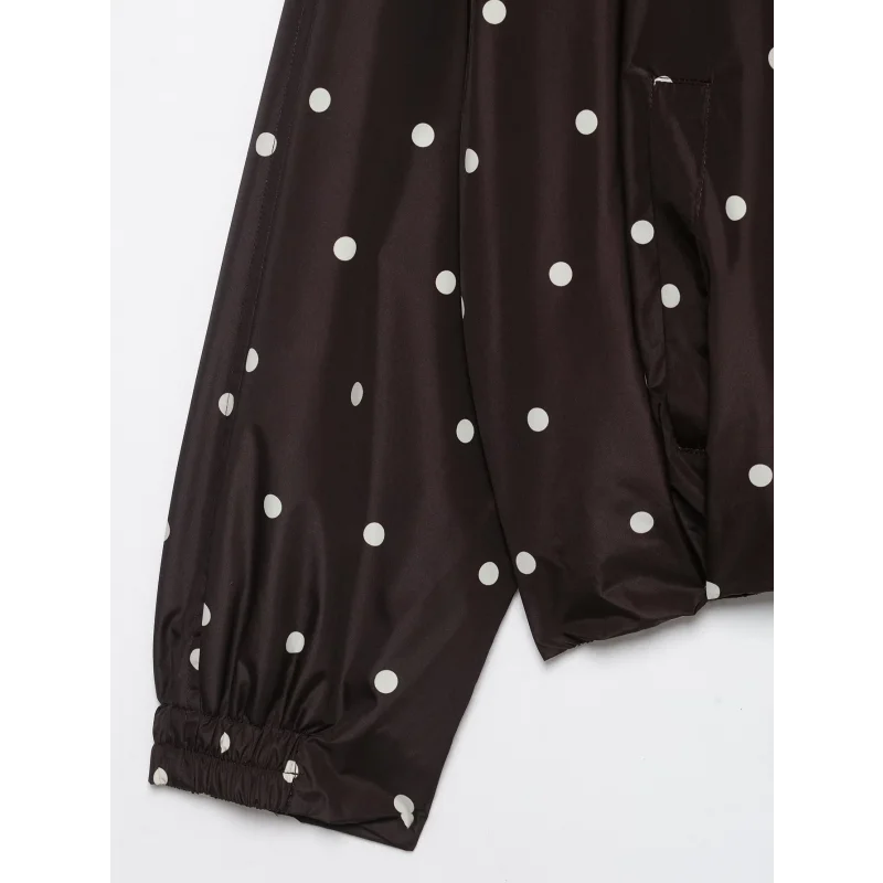Herbst Damen Retro Polka Dot Jacke mit Stehkragen, Langen Ärmeln, Elastischem Saum, Leichter Windbreaker, Lockerer Passform, Brauner Reißverschluss, Lässiger Mantel – Detail 8