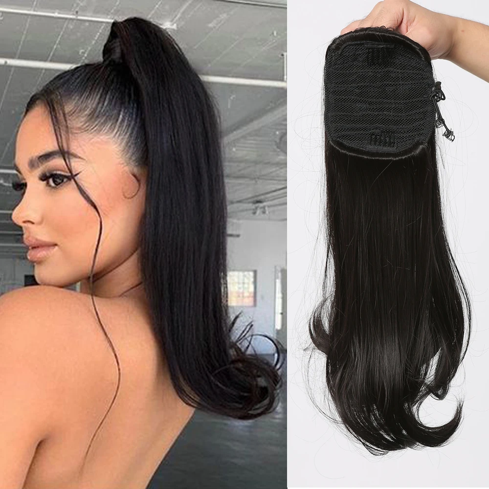 Synthetic Drawstring Ponytail Clip in Hair Extensions Black Long Tail Warping Ponytail Extension for Women Heat Resistant Fibre