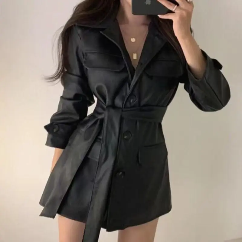 Korean Chic Spring Autumn Retro Handsome Dark Brown Pu Leather Jacket Lace-up Medium Long Locomotive Leather Jacket Jacket women