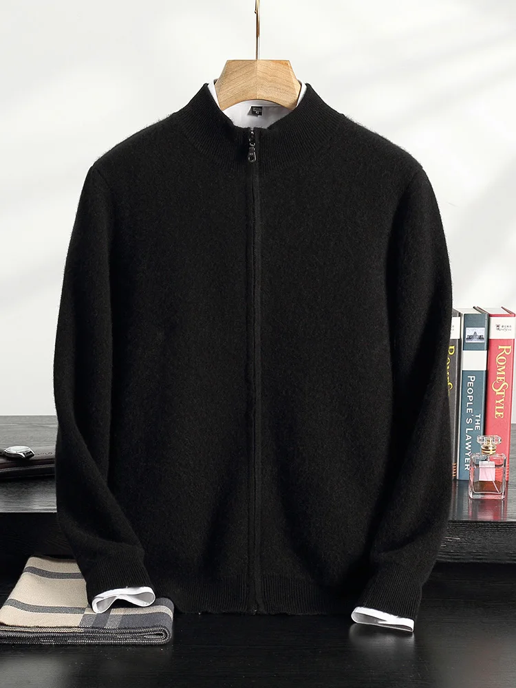 2025 New Arrivals Simple Solid Color  Men's Zippered Sweater Cardigan 100%  Cashmere Knitwear Business Casual Minimalist Style