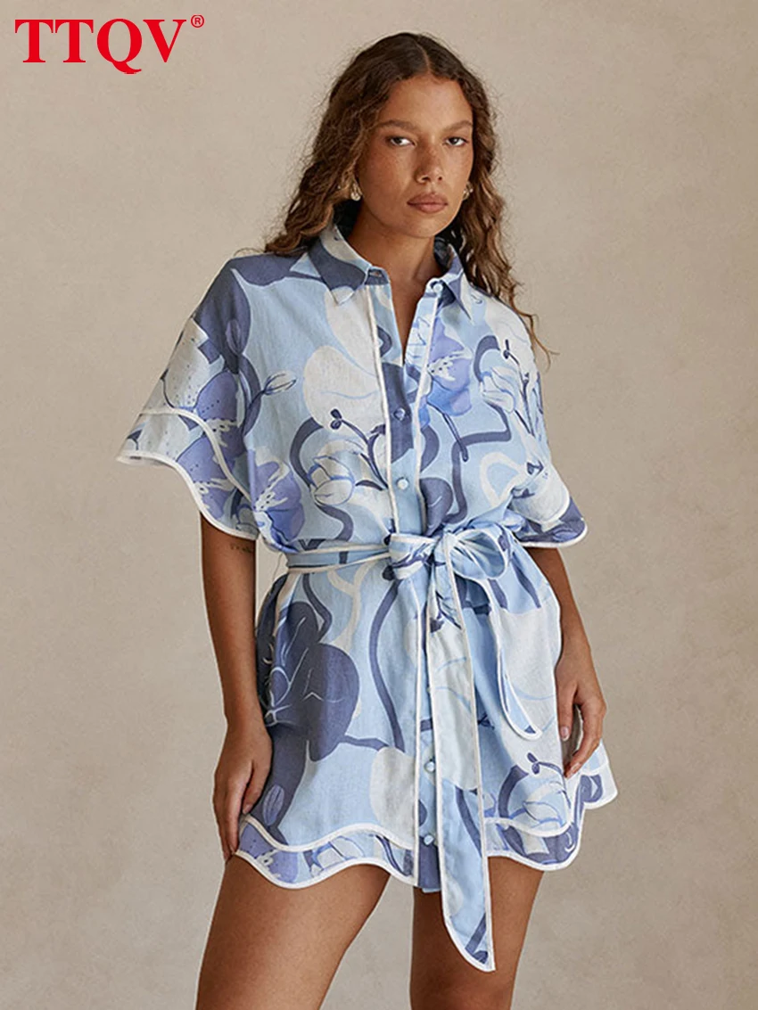 

TTQV Summer Loose Print Women's Blouse 2026 Fashion Lapel Long Sleeve Lady Shirts Elegant Classic Lace-Up Top Female Clothing