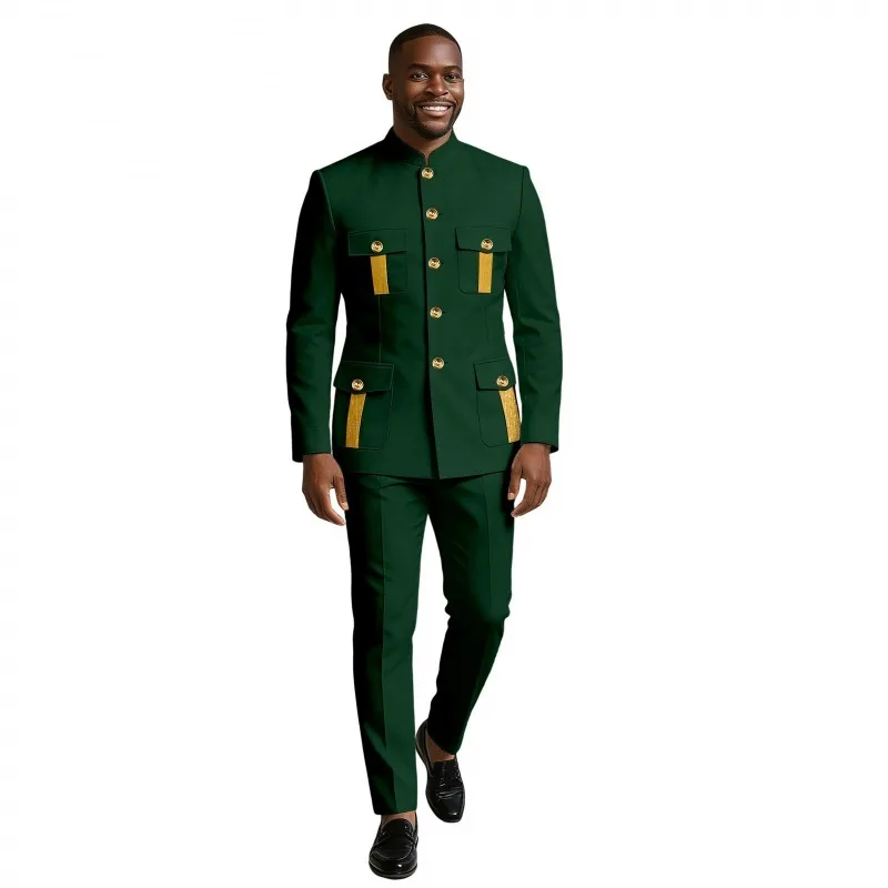 

KIDWHXR Men 2-piece Outfit Stand Collar Single-breasted Pocket Blazer Man Straight-leg Pant Male Slim Wedding Stage Suit Set