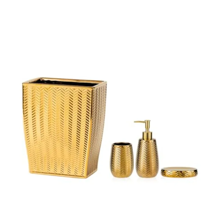 

Набор аксессуаров для ванной комнаты из 4 предметов: золотой дозатор для мыла, стакан для мыла, диспенсер для мыла и мусорное ведро. Современный декор с волнообразным дизайном.