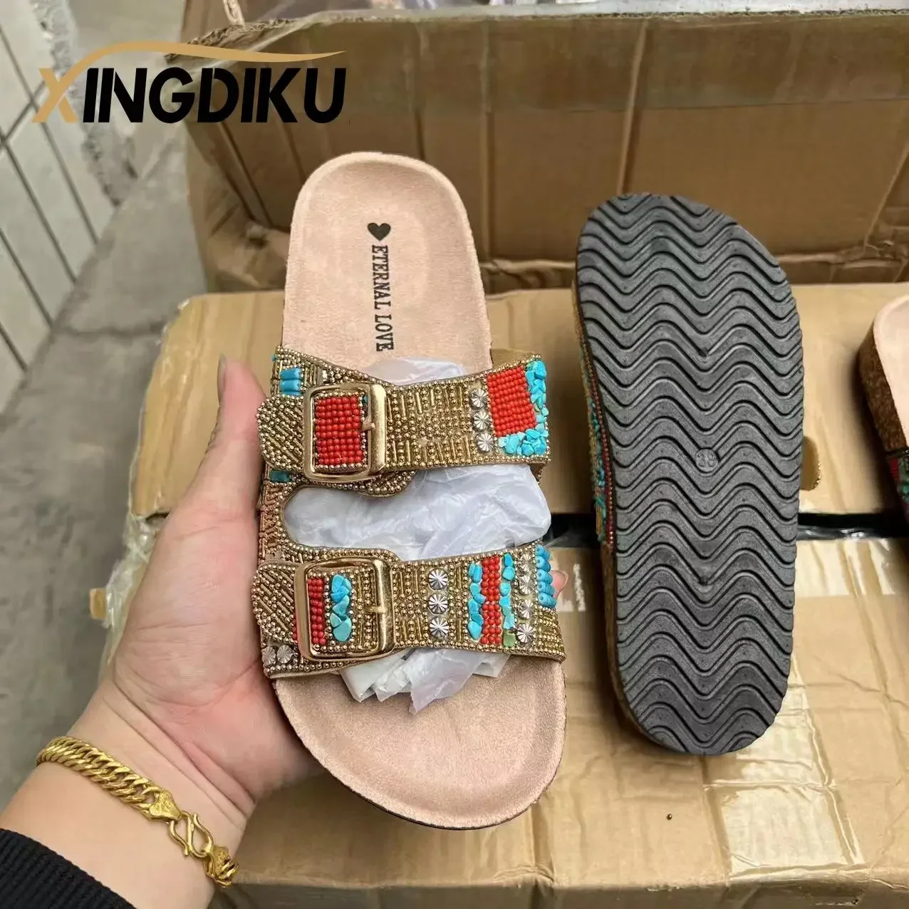 Retro beads women's shoes sequins Arabian Roman style cork beach travel summer slippers comfortable plus size women's shoes Za