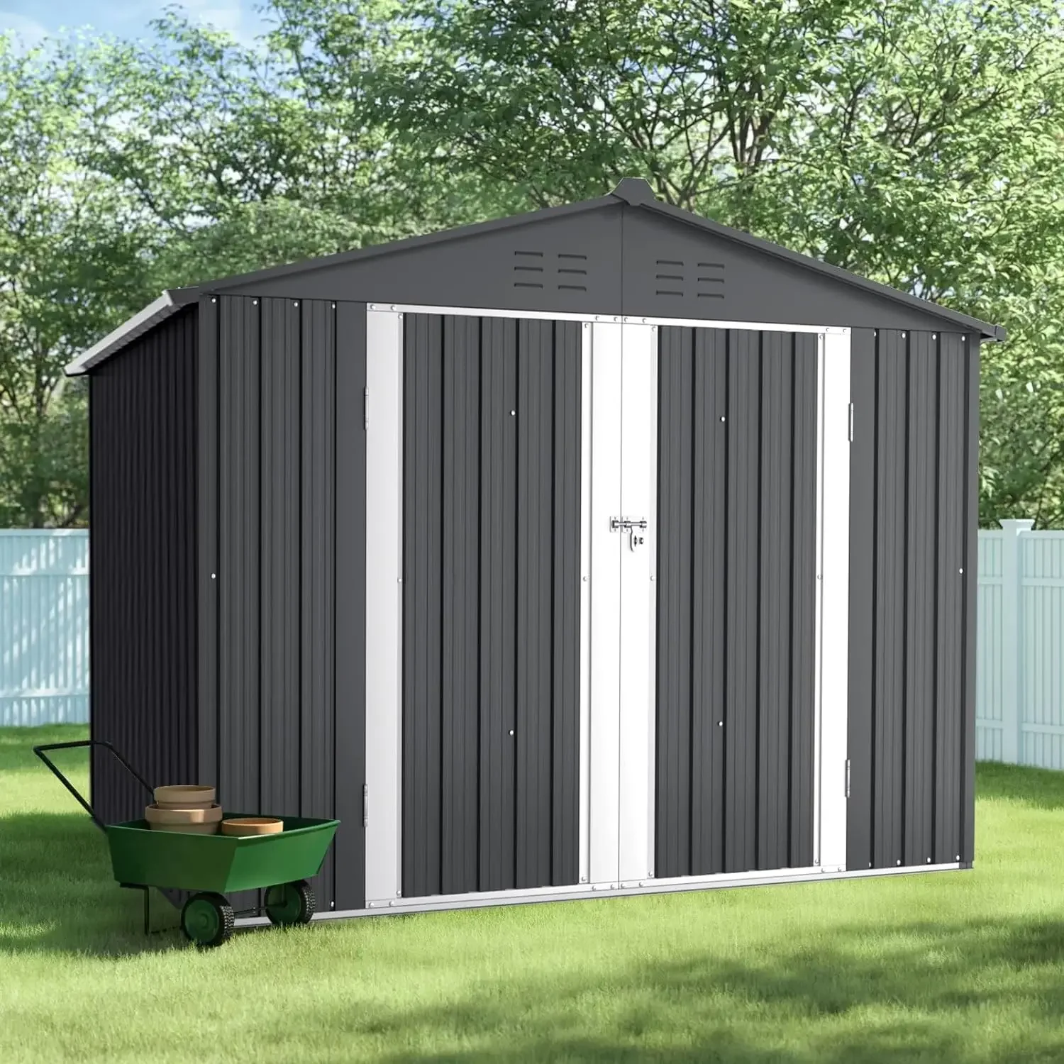 

6X8 Feet Outdoor Storage, Vented Backyard Garden Storage Shed Tool House with Double Doors Outdoor Lawn Steel Roof Sheds (Gray)