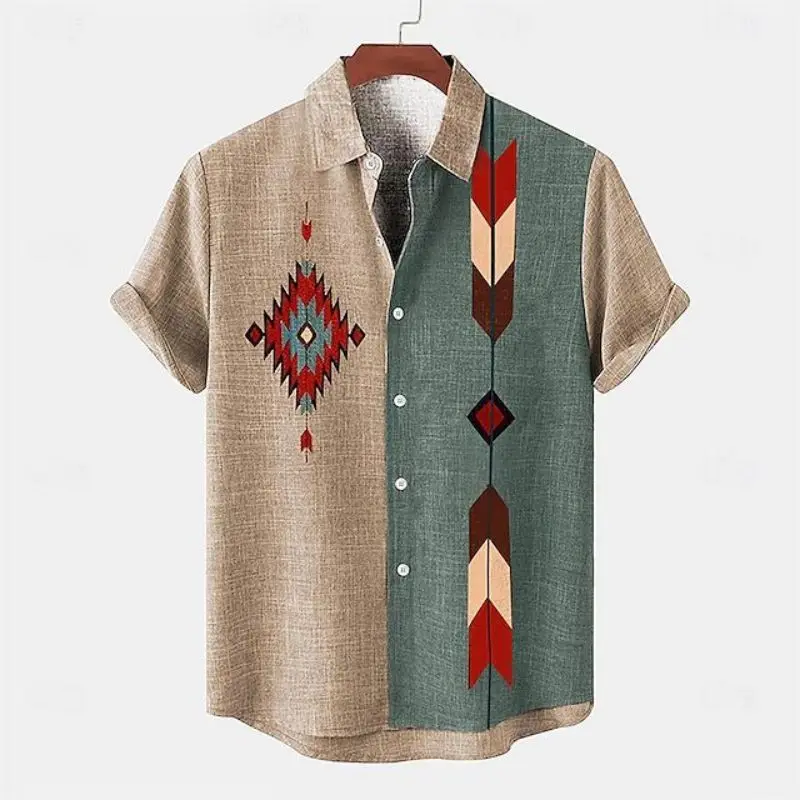 Summer Men\'s Shirt Ethnic Pattern Print Shirt Casual Short Sleeve Street Fashion Male Oversized Clothing Cardigan Hawaii Shirt