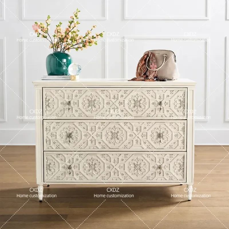 Retro Solid Wood Carved Flower 3 Drawer Cabinet Cream Style Storage Chest for Porch Foyer Partition Decorative Entryway
