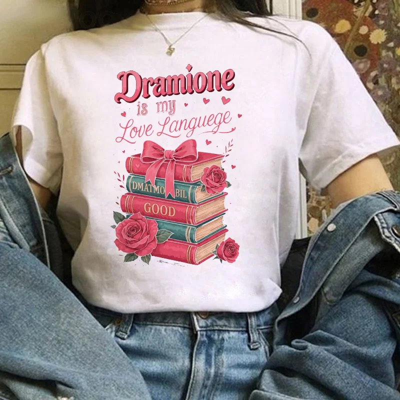 

Printed T-Shirt Cartoon Sweet Book Pattern Women's 90s Versatile Summer Fashion Round Neck Women's Casual Style White Top