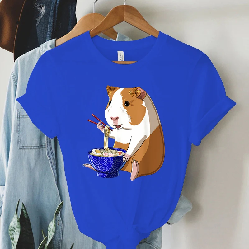 Harajuku Guinea Pig Noodles Ramen T Shirt Women Summer Crewneck Tshirt Cartoon Fashion Guinea Pig Tee Women Short Sleeve T-shirt