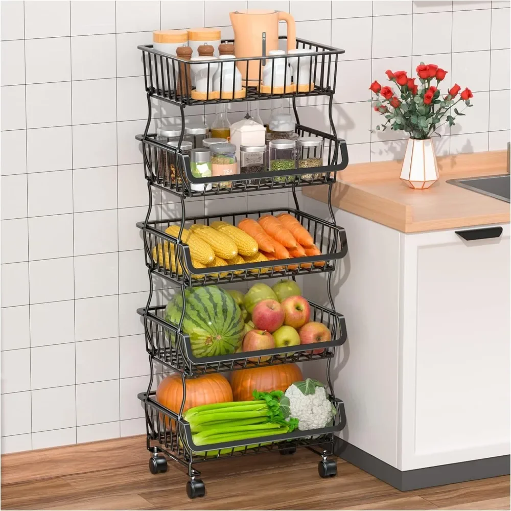 

Fruit Vegetable Basket for Kitchen, 5 Tier Stackable Metal Wire Storage Basket Organizer Cart with Rolling Wheels,