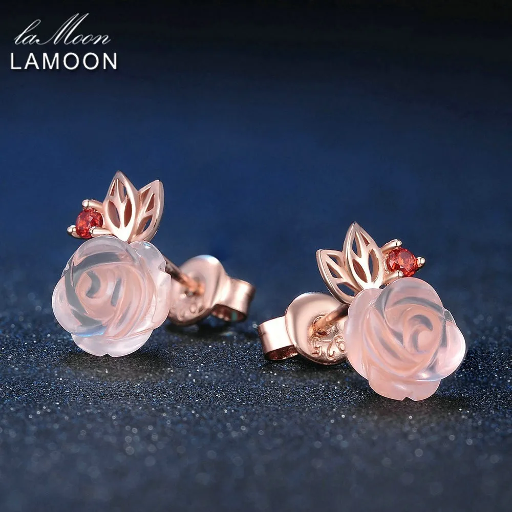 

LAMOON 9mm Rose Flower Earrings For Women Girls Natural Pink Quartz 925 Sterling Silver Gold Plated Jewelry LMEI015