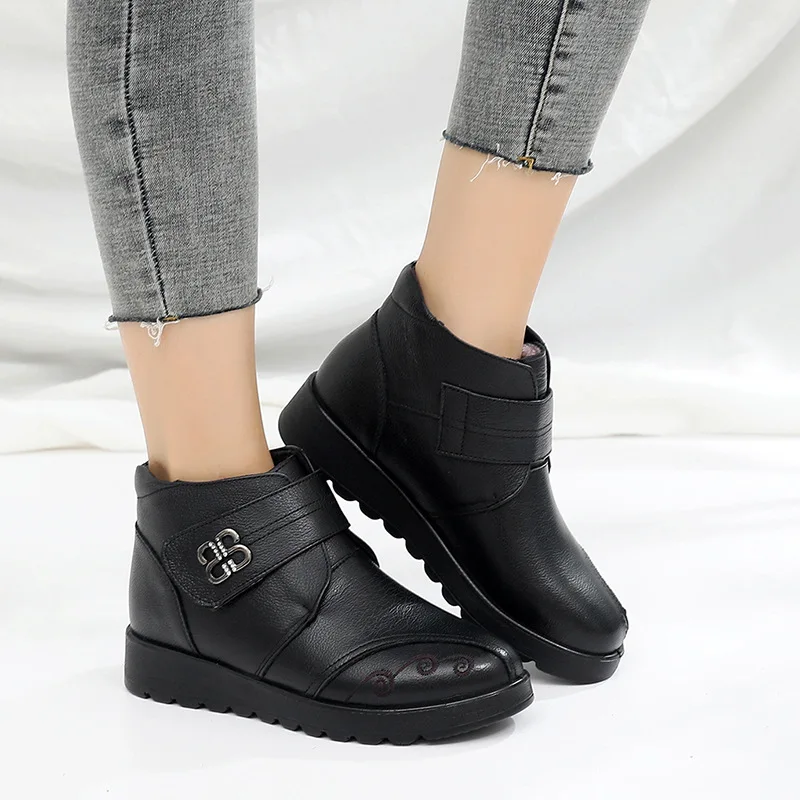 

Black Leather Winter Ankle Boots For Women With Rhinestone Buckle And Embroidery Detail Round Toe Non Slip Thick Sole Comfortabl