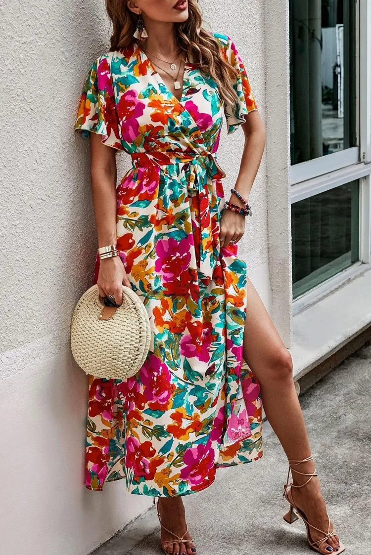 

Women's clothing casual sexy comfortable temperament printed short sleeve dress holiday V-neck waist cinched slit long skirt