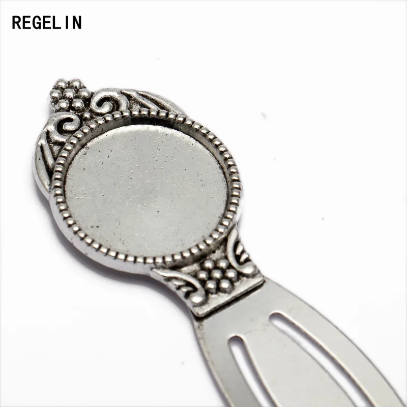 REGELIN Fashion Antique Silver Bookmark Base Fit 20mm Round Glass Cabochon Blank Bezel Setting Bookmark Findings 5pcs/lot