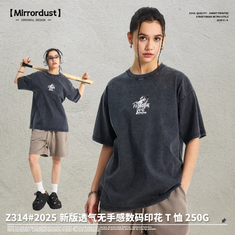 

【Mirrordust】Men's Short Sleeve Frayed Washed Vintage Printed ShirttLoose Retro Street Style T-ShirtT