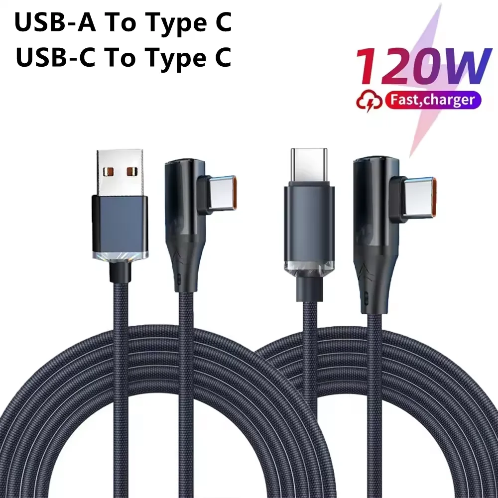 120W 6A Carregamento rápido Cabo USB C de 90 graus Tipo C para Tipo C Cabo PD para Samsung Galaxy S24 Ultra iPhone 15 16 Huawei Xiaomi