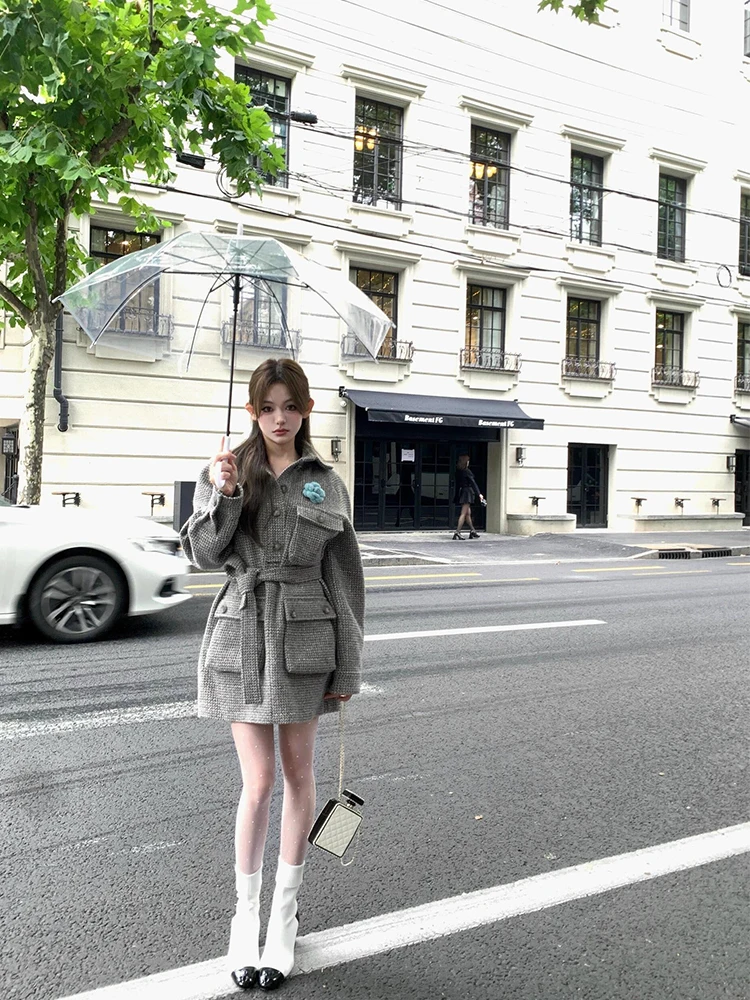 معطف صوفي نسائي صغير Fraance Sle Miu Miу Thiened متوسط الطول بحزام معطف صوفي للتنقل Sle بقصة ضيقة