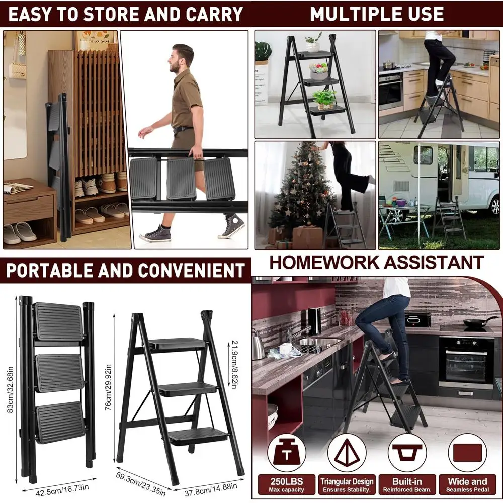 

Трехступенчатая лестница, складная стремянка для кухни/шкафа/гаража, прочная и легкая, выдерживает нагрузку до 113 кг, с противоскользящими ступенями, C