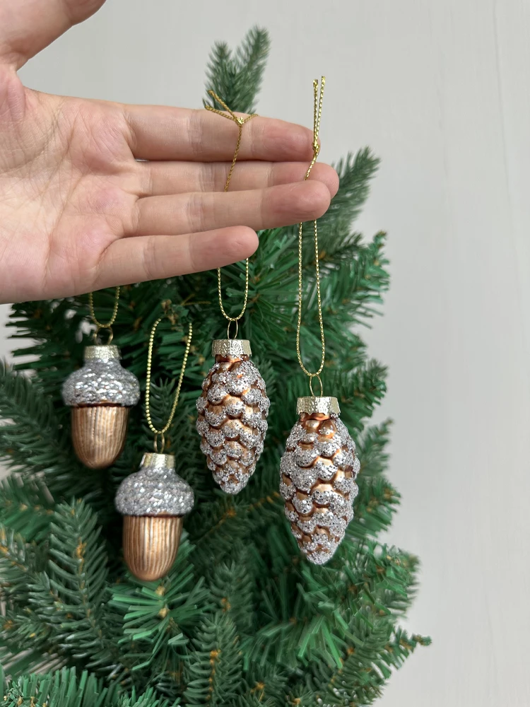 Glass Pine Cones Acorns Christmas Tree Ornaments Glass Small Christmas Tree Toys Set Pine Cones New Year Decoration Navidad2024