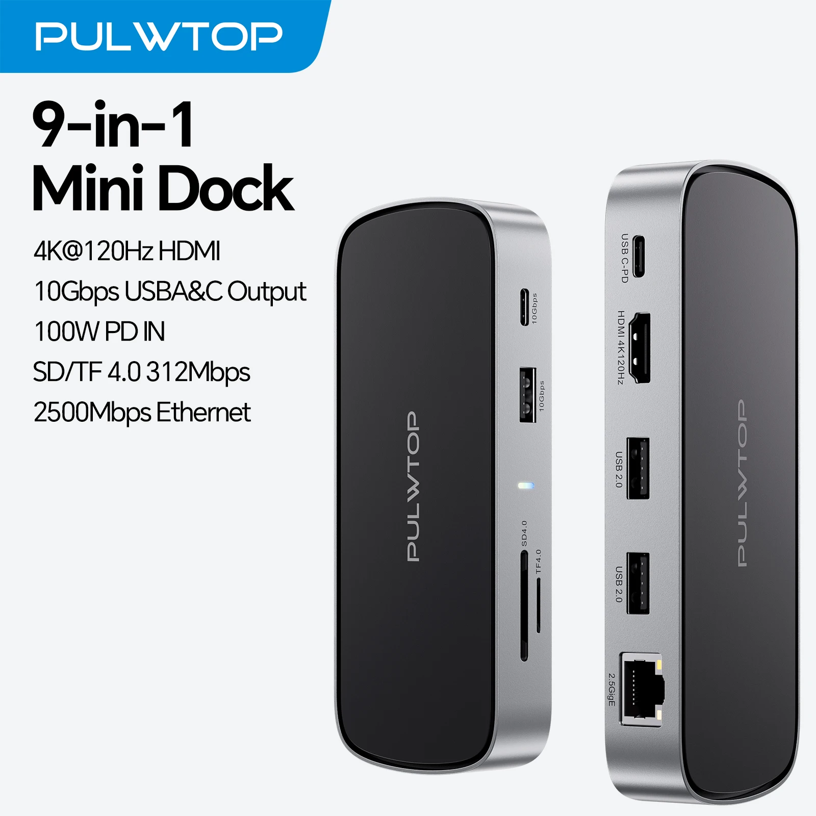 

PULWTOP 9 in 1 Laptop Docking Station with 4K@120Hz/8K@30Hz HDMI, PD, USB A/C 10Gbps, SD/TF, Compatible with Full-Type-C Laptops