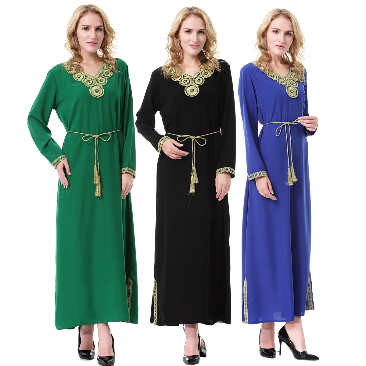 Robes de luxe brodées pour femmes musulmanes du moyen-orient, nouvelle mode décontractée, tendance, manches longues, col en v, vêtements féminins, 2025