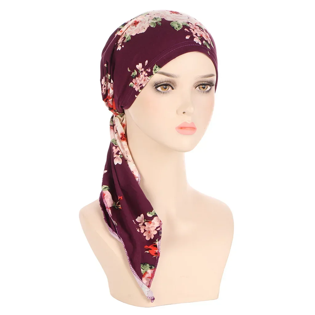 Hot Women Muslim Turban Hijab Cancer Chemo Hat Flower Print Cap Hair Loss Cover Head Scarf Stretch Bandana Wrap Pre-TiedHeadwear