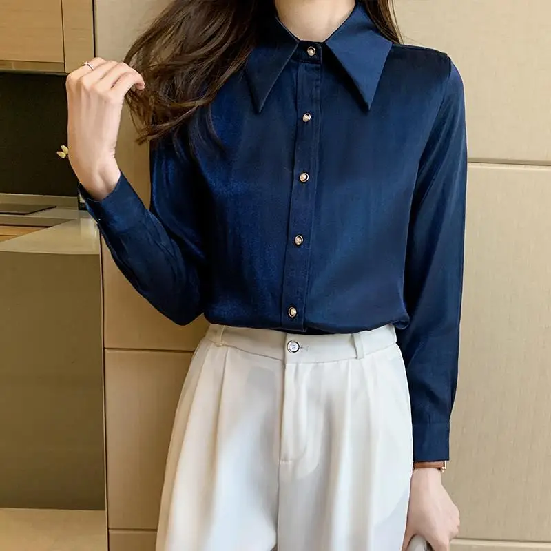 Female Clothing Turn-down Collar Solid Color Blouse Commute All-match Spring Autumn Fashion Single-breasted Long Sleeve Shirt