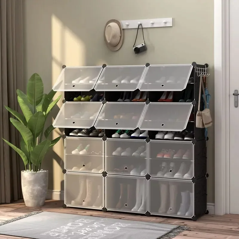 48-pair Portable Shoe Rack, 12-compartment Shoe Cabinet with Removable Shelves, Includes 5 Hooks and 12 Cabinet Doors