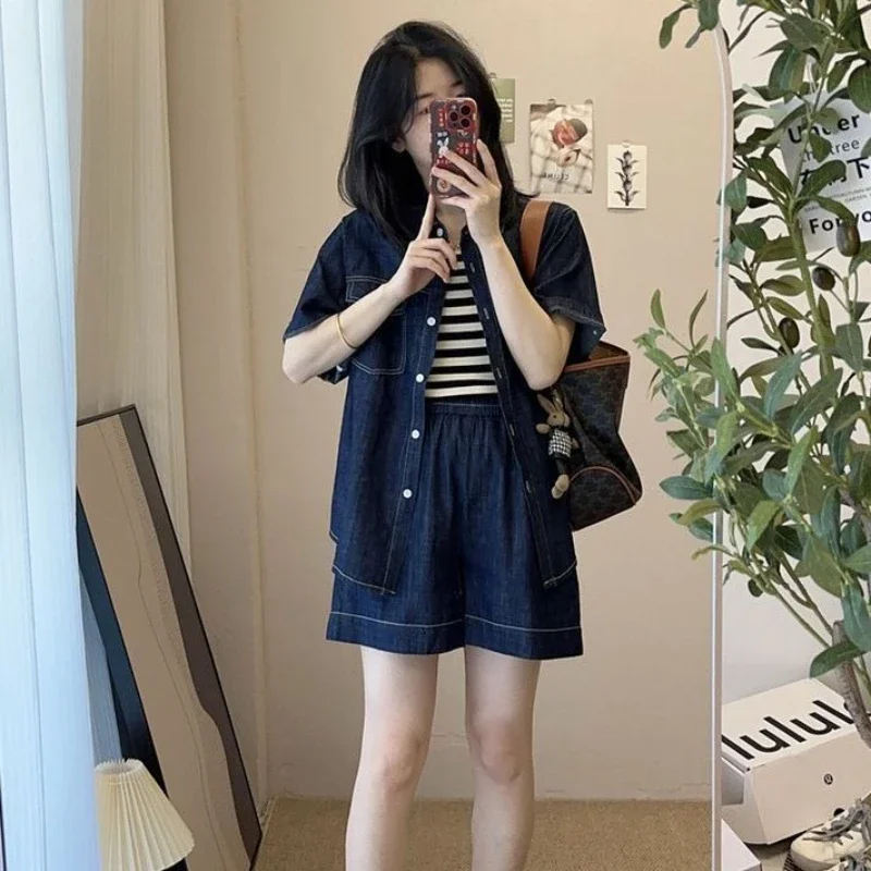 

Shirts & Blouses Short Sets for Women 2 Pieces New Products Korean Style Luxury Tailorin Tailor Fashion Outfit Full Woman Shorts