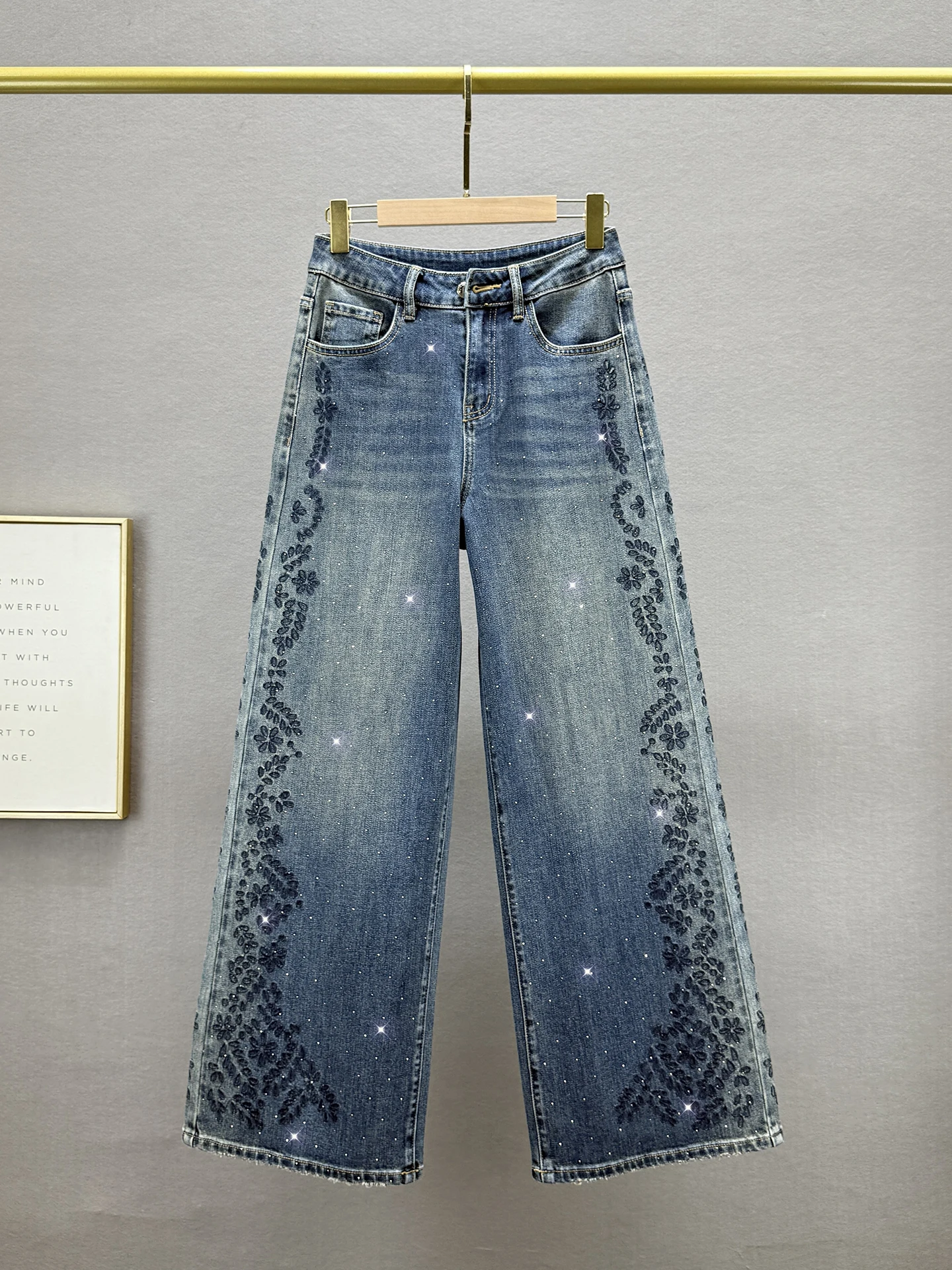 

High Waist Wide Leg Jeans Women's Long Pants Fall New Sle European Faion Diamond Embellied Floor-Length Loose Fit