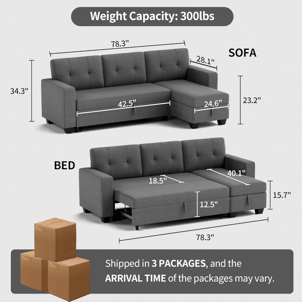 L Shaped Sleeper Sofa, Modern Sofa Bed with Storage Chaise Lounge Pull Out Couch Sectional Couches for Living Room