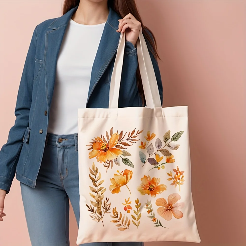 1pc,Warm Watercolor Autumn Floral Shoulder Bag, Orange Flower & Leaf Branch Assortment Illustration Print, Botanical Aesthetic D