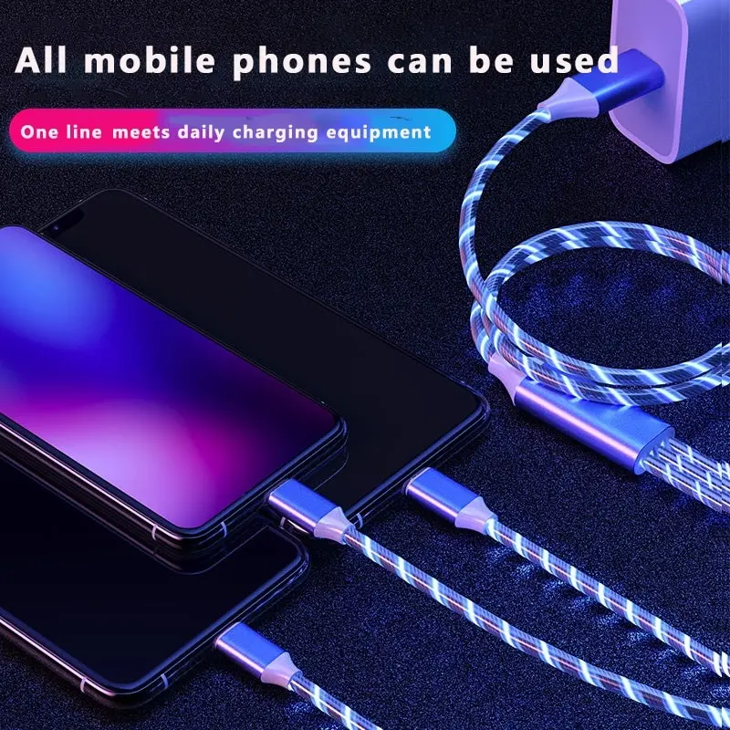 3 in 1 Glowing LED Light 3A Fast Charging Micro USB Type C Cable For iPhone Samsung Xiaomi Redmi Phone Charger USB Cable