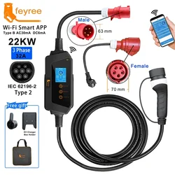 Feyree 22KW 32A 3 Fase Type2 Draagbare EV-oplader Wi-Fi APP Controle EVSE Oplaaddoos Laadstation voor elektrische autolader