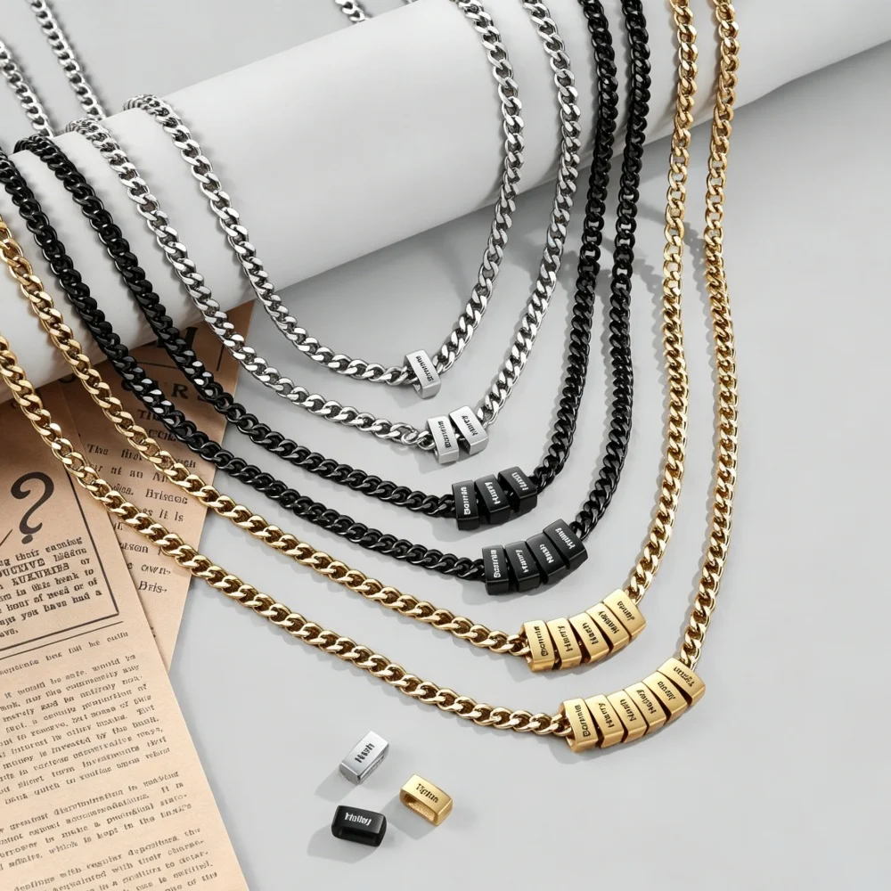 Collier personnalisé avec noms pour hommes, collier chaîne avec noms de famille, collier chaîne cubaine en acier inoxydable, cadeaux pour la fête des pères