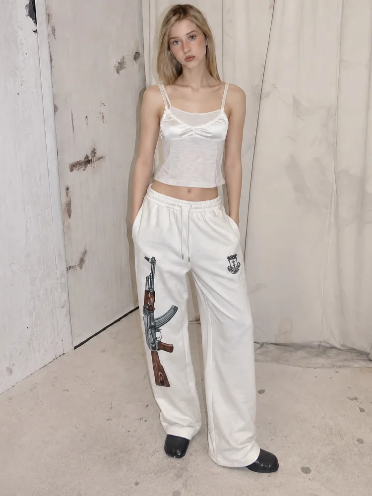 Unisex Dark 90s Aesthetic White Drawstring Sweatpants Vintage Crest Graphic Loose Jogger Casual Streetwear Sport Trousers
