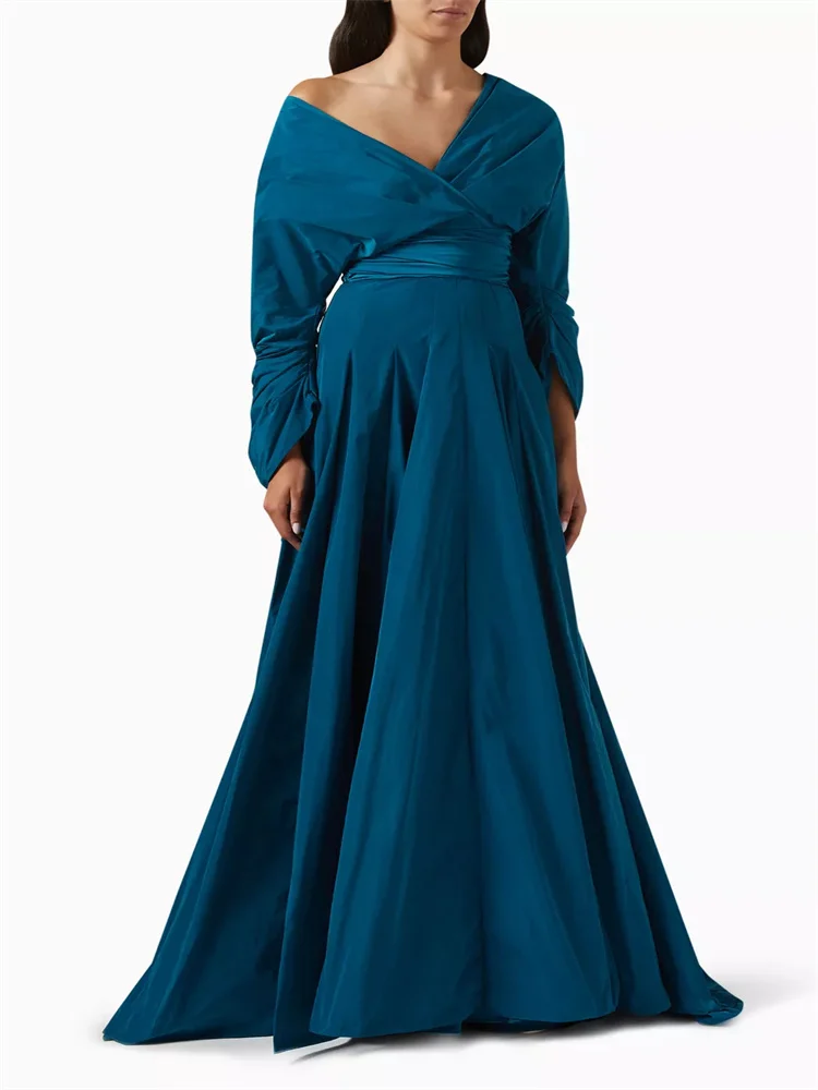 

Hot Selling Draped Asymmetrical Neckline Long Sleeves Evening Dress Elegant Back Zipper Floor Length Sweep Train Gown For Women