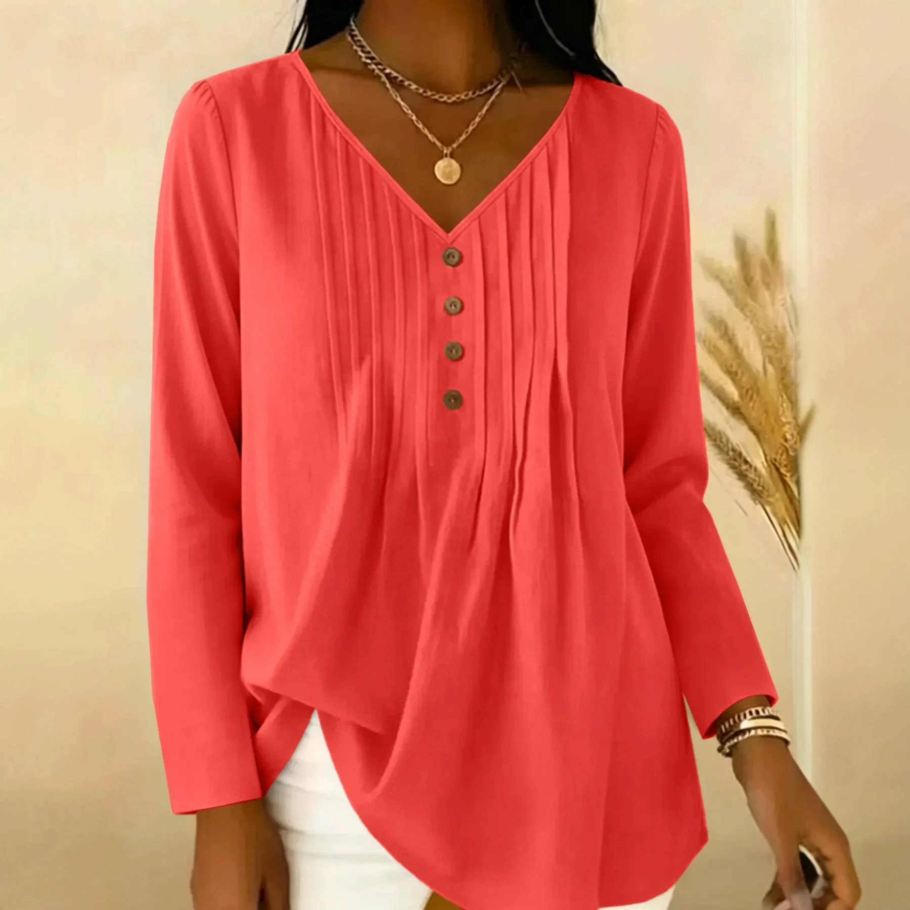 Gentle Early Autumn V-Neck Half Button Pleated Long Sleeve Blouse, Loose Fit Hide Belly Versatile Casual Shirt view 2
