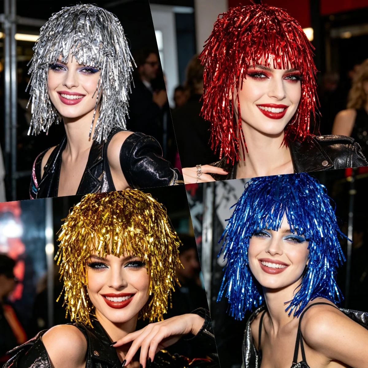 Shiny Tinsel Synthetic Hair Wig, Metallic Foil Fringe Party Wig in Silver/Red/Blue/Gold, for Halloween Carnival Cosplay