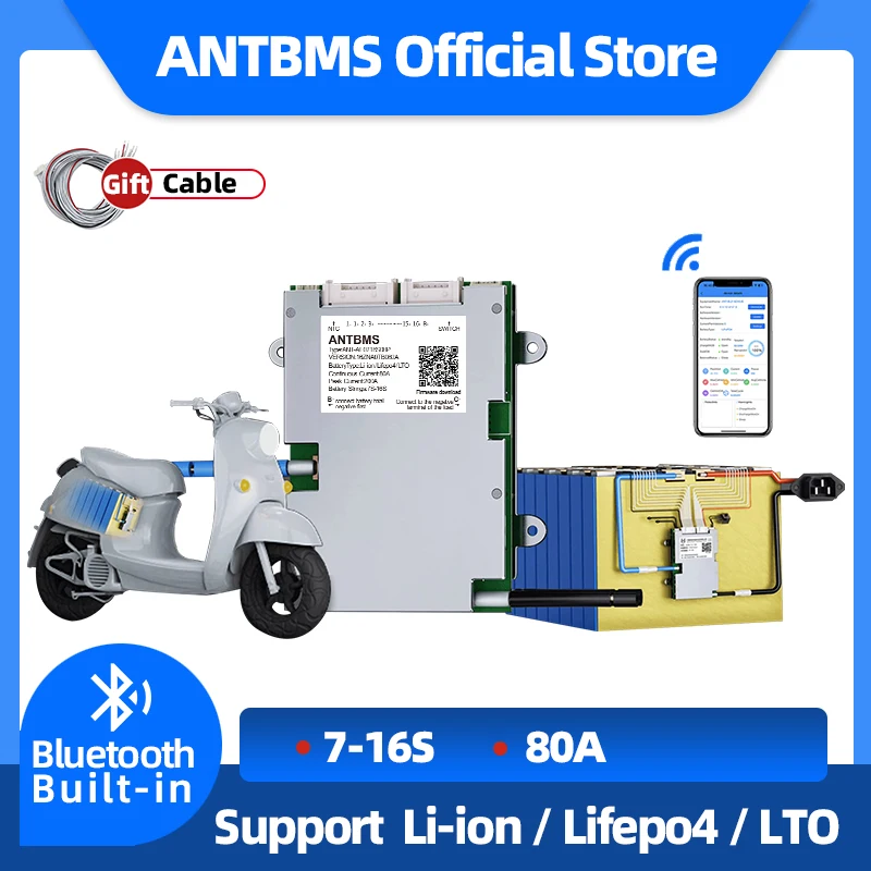 ANT BMS 7S 8S 10S 12S 13S 14S 16S smart bms 80A 200A For Lithium Battery With Bluetooth Built-in 24V 36V 48V 60V  Smart Balance