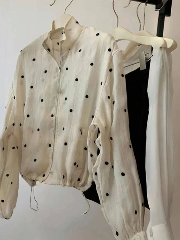Design Sensation Double Layer Silk Sun Protection Clothing Polka Dot Print Stand Collar Women's Thin Jacket Breathable Top