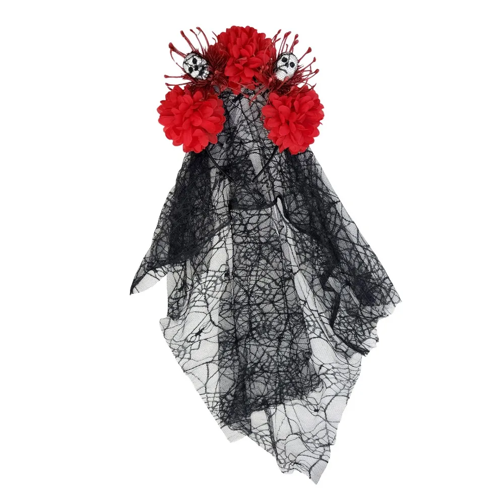 Lace Veil Skull Headband Sheer Mesh Dark Purple Ghost Bride Headwear Artificial Flowers Skull Shaped Skull Headwear Undead Day