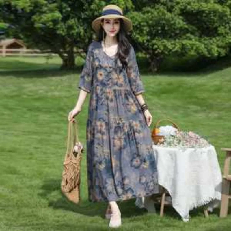 V Neck Vintage Floral Maxi Dress Three Quarter Sleeve Loose Layered Casual Summer Vaion Women Dresses
