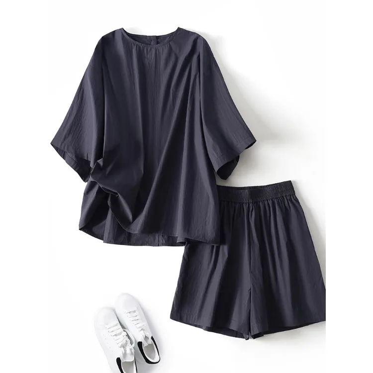 

High-End Fashion Set Women's Summer Trendy Casual Loose round Neck T-Shirt Top Wide Leg Shorts Matching Whole Set Cotton Blend