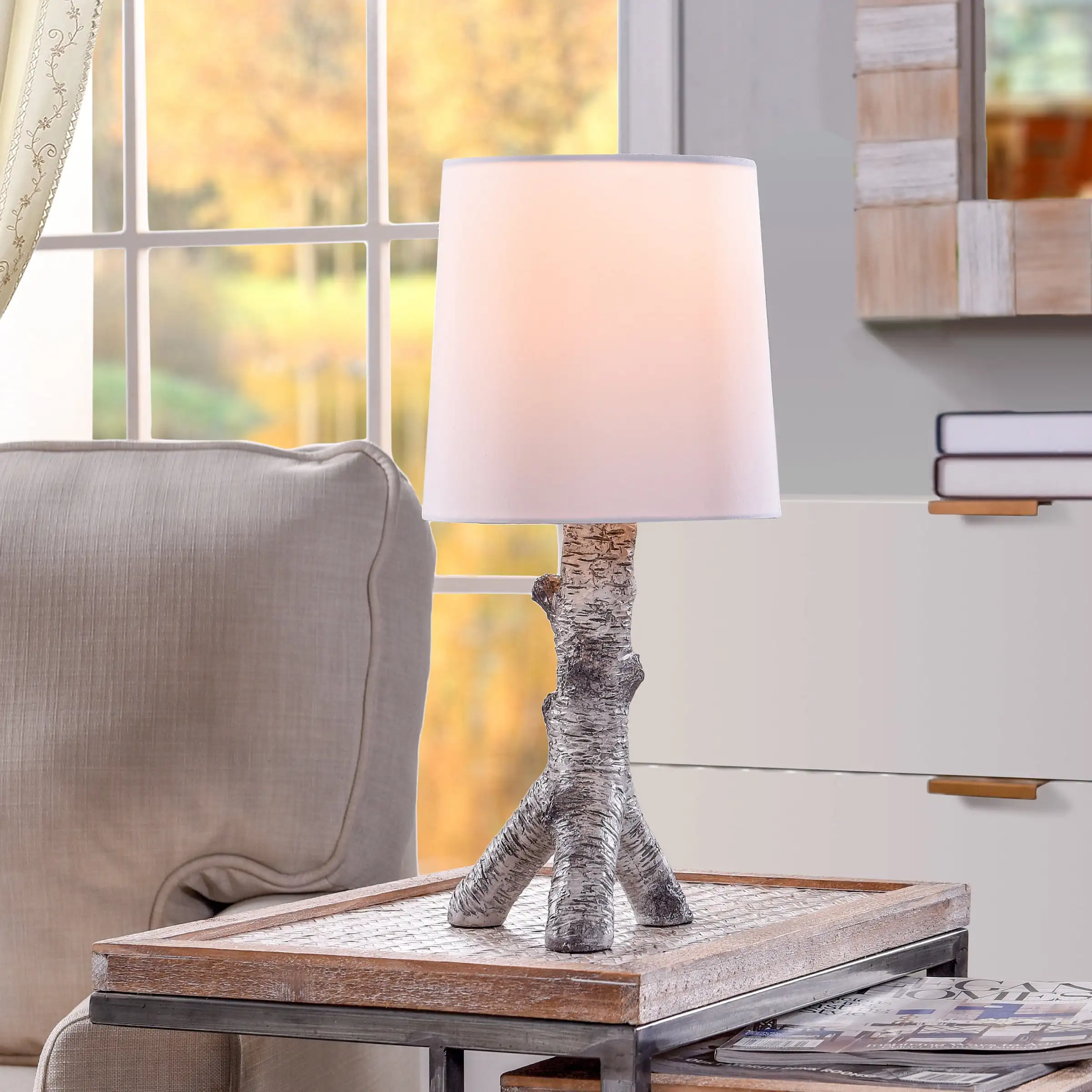 

White Birch Branch Table Lamp with White Shade, 8L X 8W X 17.25H, Rustic Style