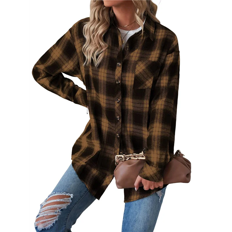 【SEE】 Camicie da donna in flanella abbottonata a maniche lunghe con mantelle scozzesi Camicetta casual da lavoro